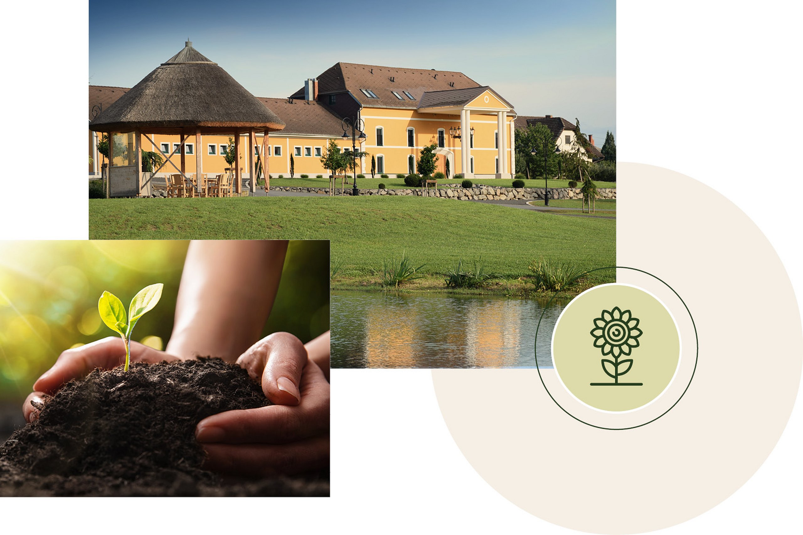 Impression des Firmengebäudes mit Blick über den Teich am Gelände